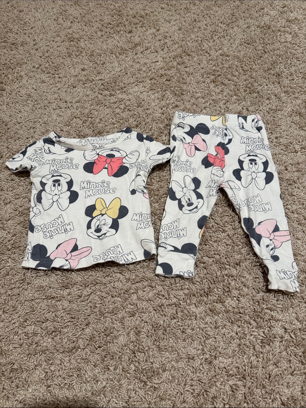 Disney Cream Minnie Mouse Pajama Set with Pink and Yellow Bows